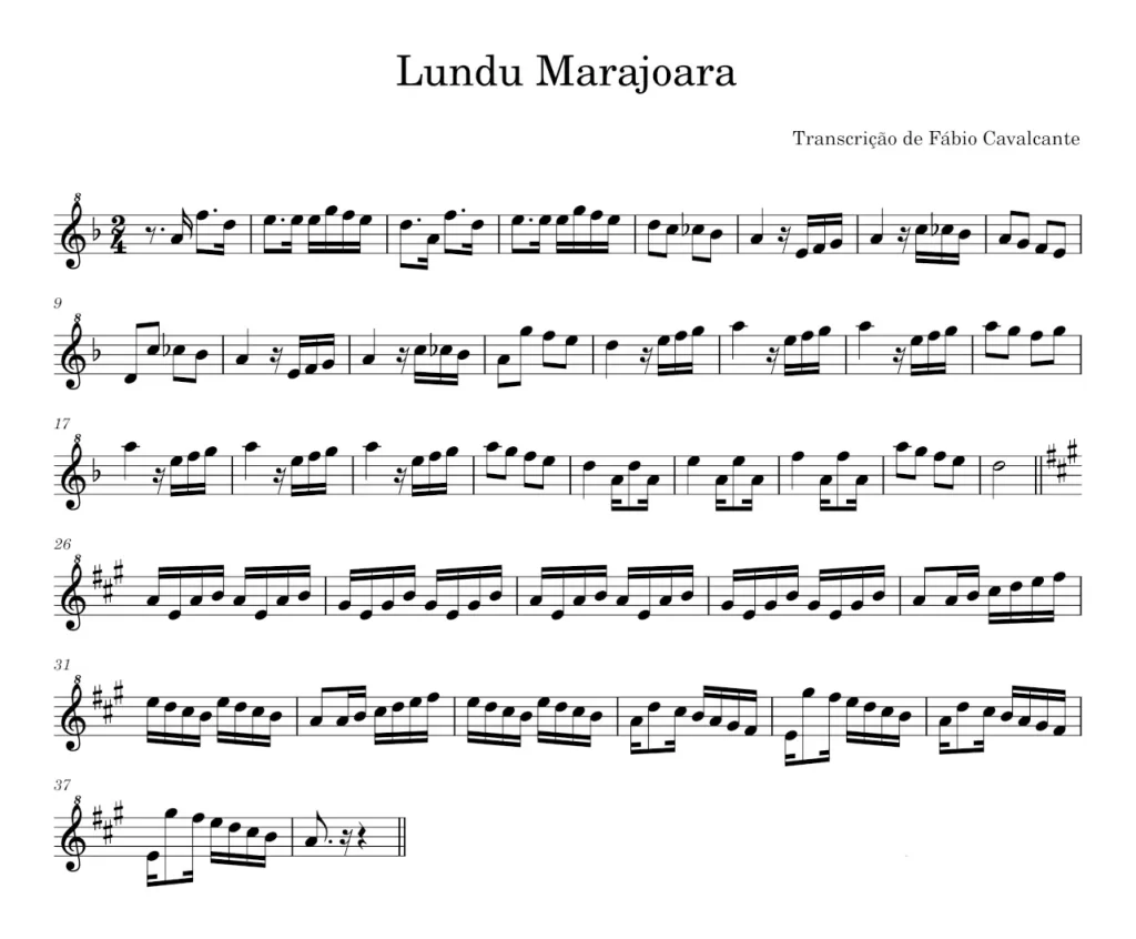 Partitura do Lundu Marajoara, transcrita por Fábio Cavalcante