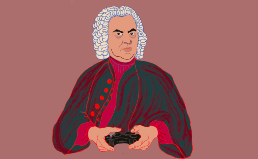 Desenho de Johann Sebastian Bach jogando video game, por Luciana Leal