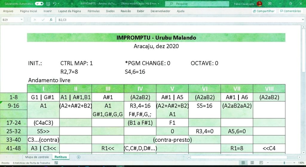 Partitura no excel para Impromptu com Sons de Arroto, de Fábio Cavalcante