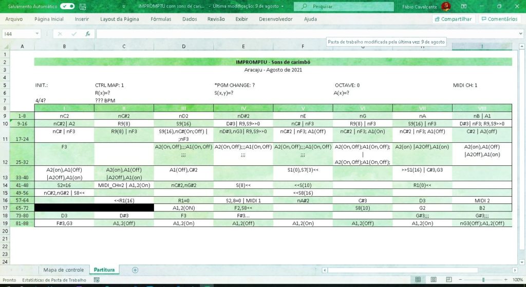 Partitura no excel para Impromptu com Sons de Carimbó, de Fábio Cavalcante
