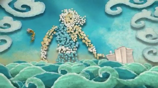 A deus Zéfiro sobre o mar, em arte feita com papel colorido recortado